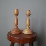 Pair of turned wooden candlesticks, handcrafted, Scandinavian country decoration
