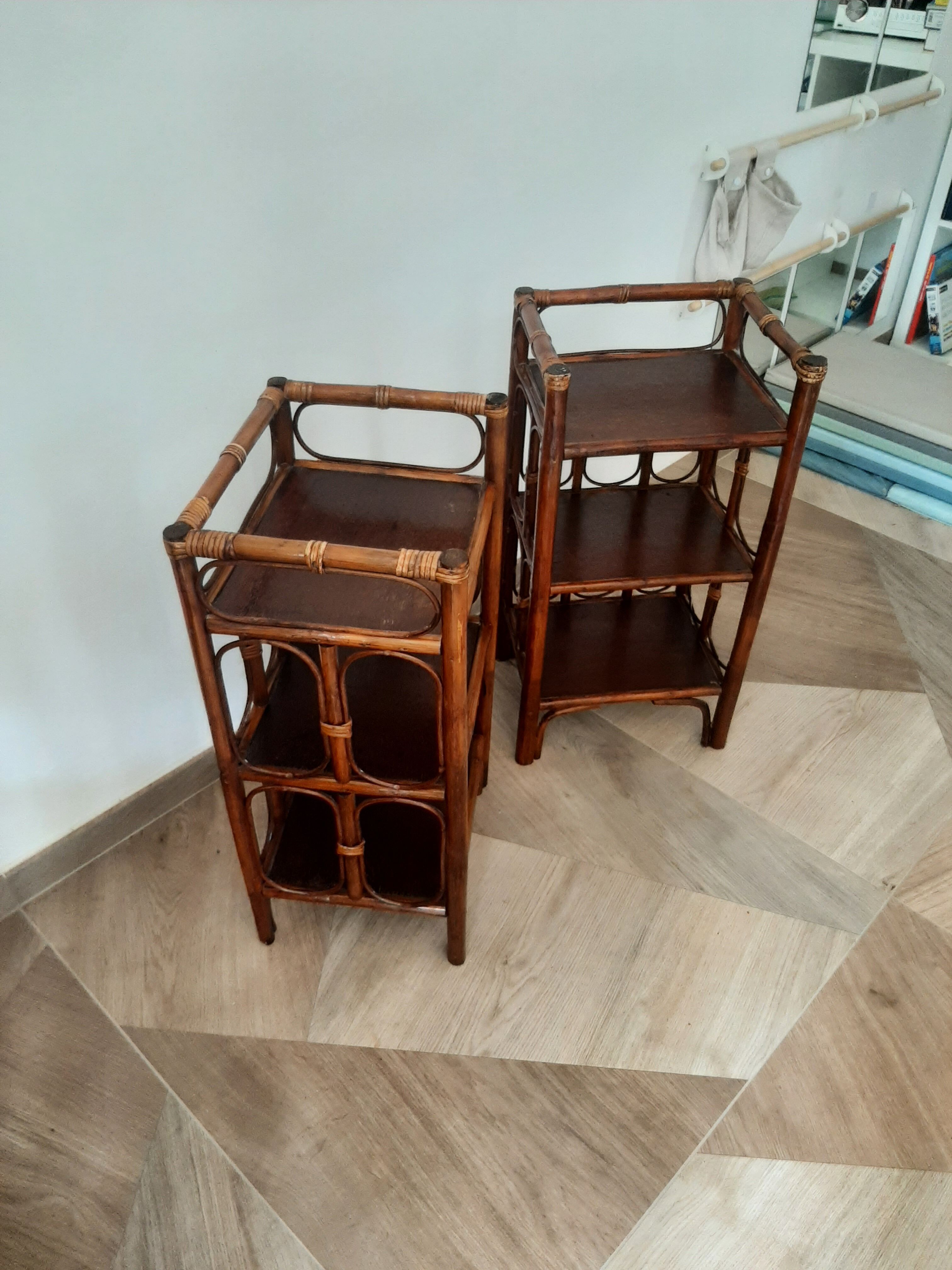 Vintage - set of 2 shelves of wooden floor, bamboo and rattan - 3 levels- retro 80s