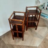 Vintage - set of 2 shelves of wooden floor, bamboo and rattan - 3 levels- retro 80s