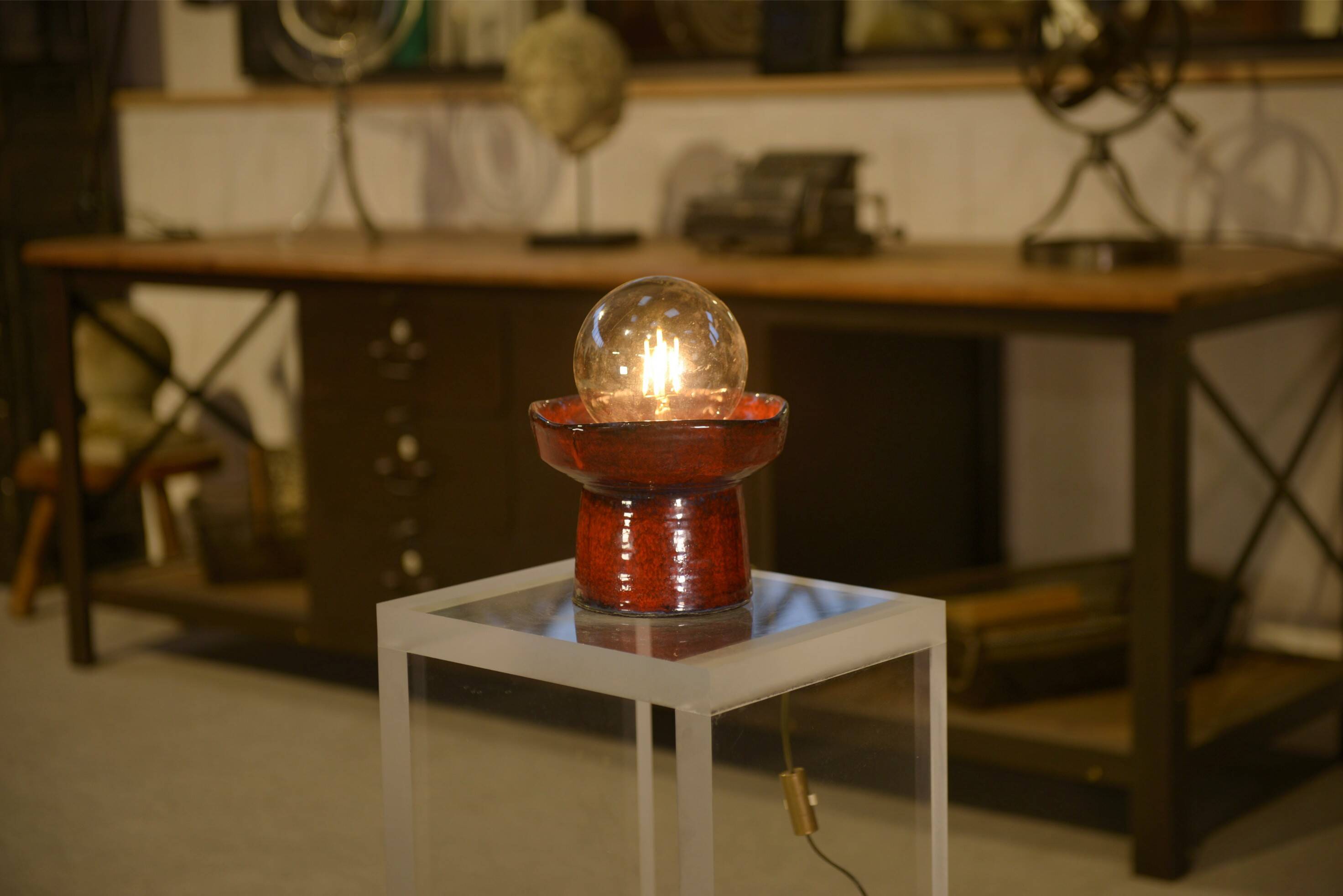 Red ceramic table lamp by Guillerme and Chambron 1980s