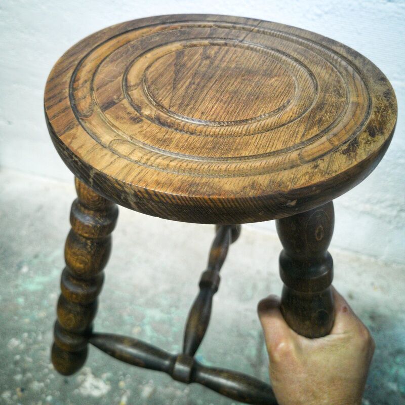 Turned wood tripod stool