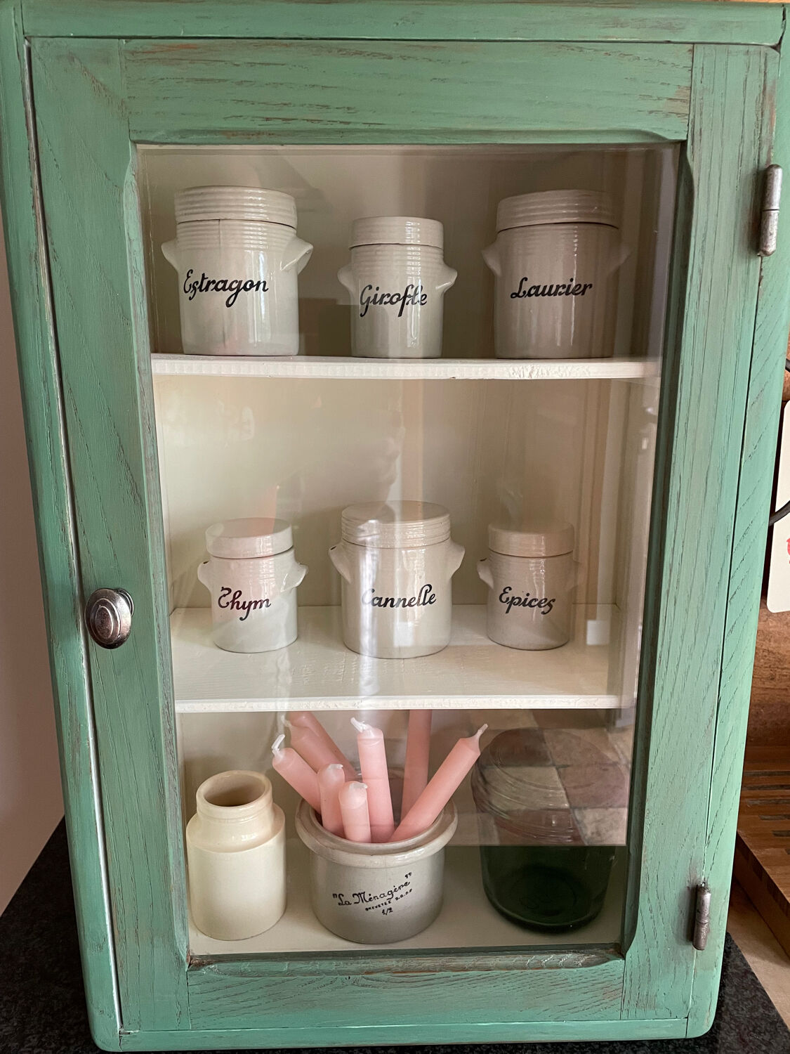 Small wooden cabinet patinated arsenic green