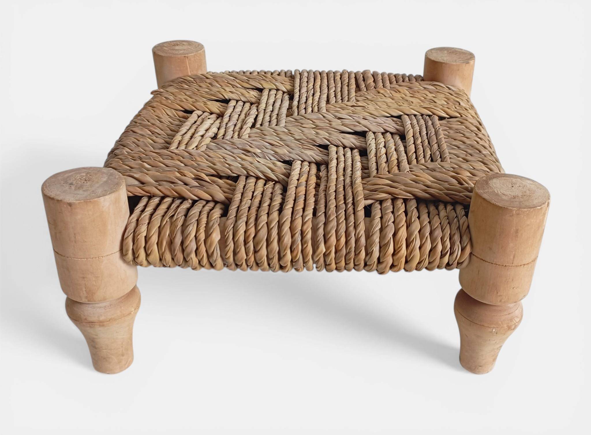 Organic Modern Turned Wood and Rope Footstool in the Style of Charlotte Perriand