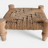 Organic Modern Turned Wood and Rope Footstool in the Style of Charlotte Perriand