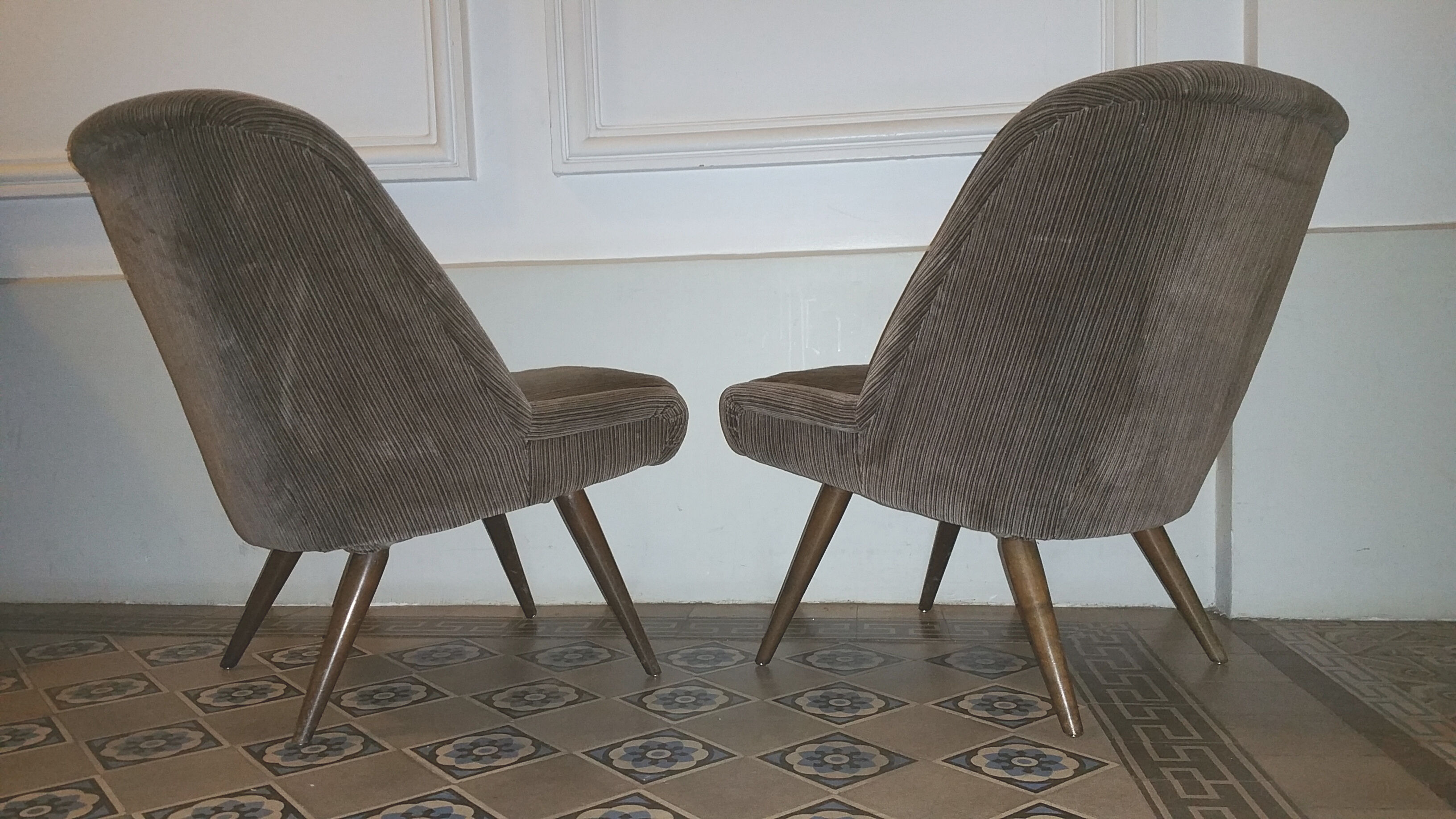 Restored low chair in velvet fabric 50s 60s