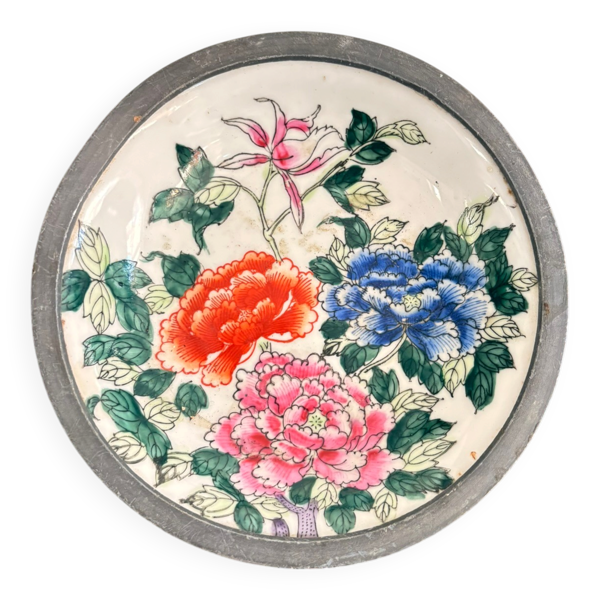Ancien Coupelle Vide Poche famille Rose Etain Pewter Pivoine Hong Kong