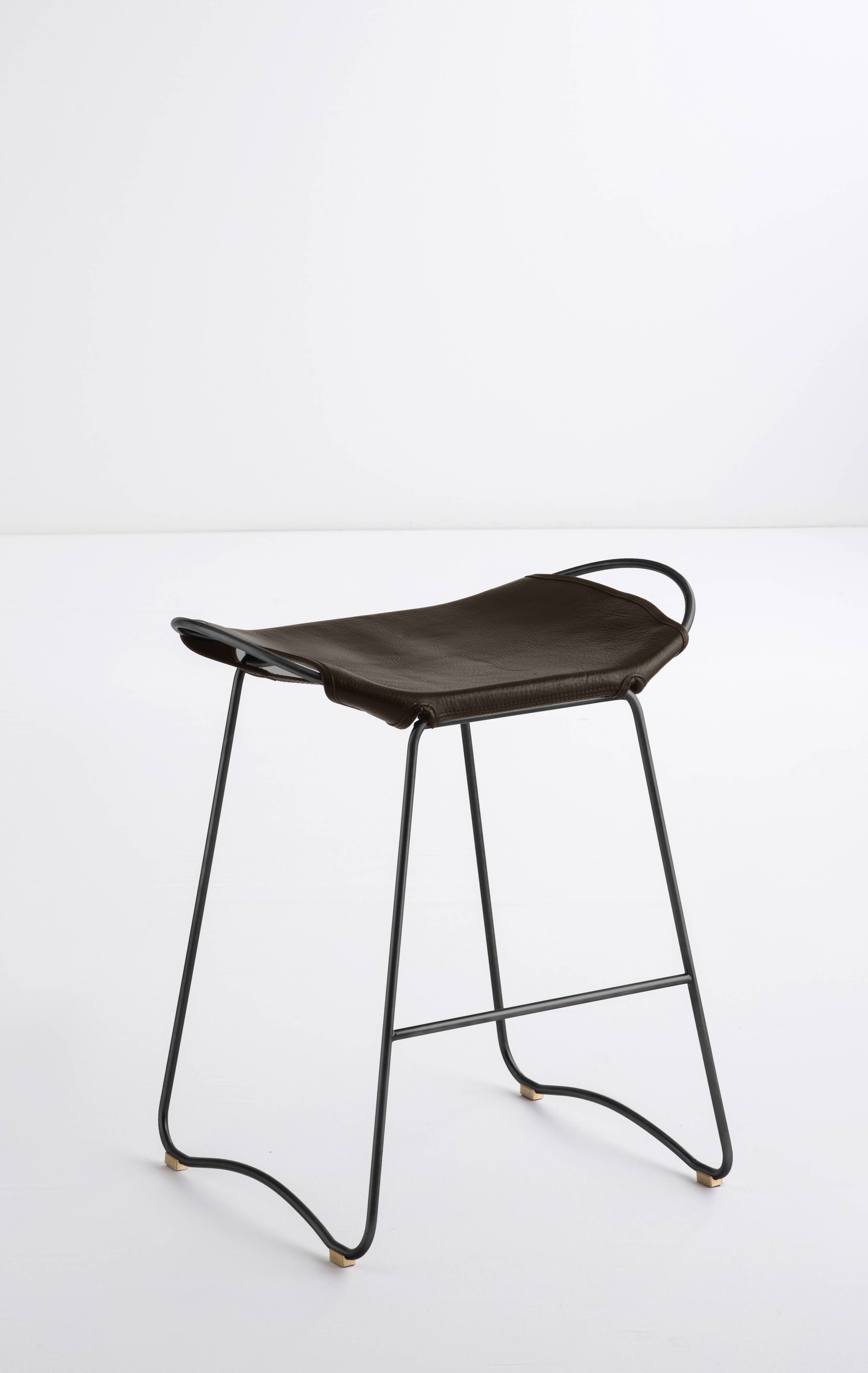 Contemporary Kitchen CounterStool Black Smoke Metal & Dark Brown Leather
