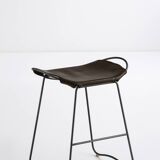 Contemporary Kitchen CounterStool Black Smoke Metal & Dark Brown Leather