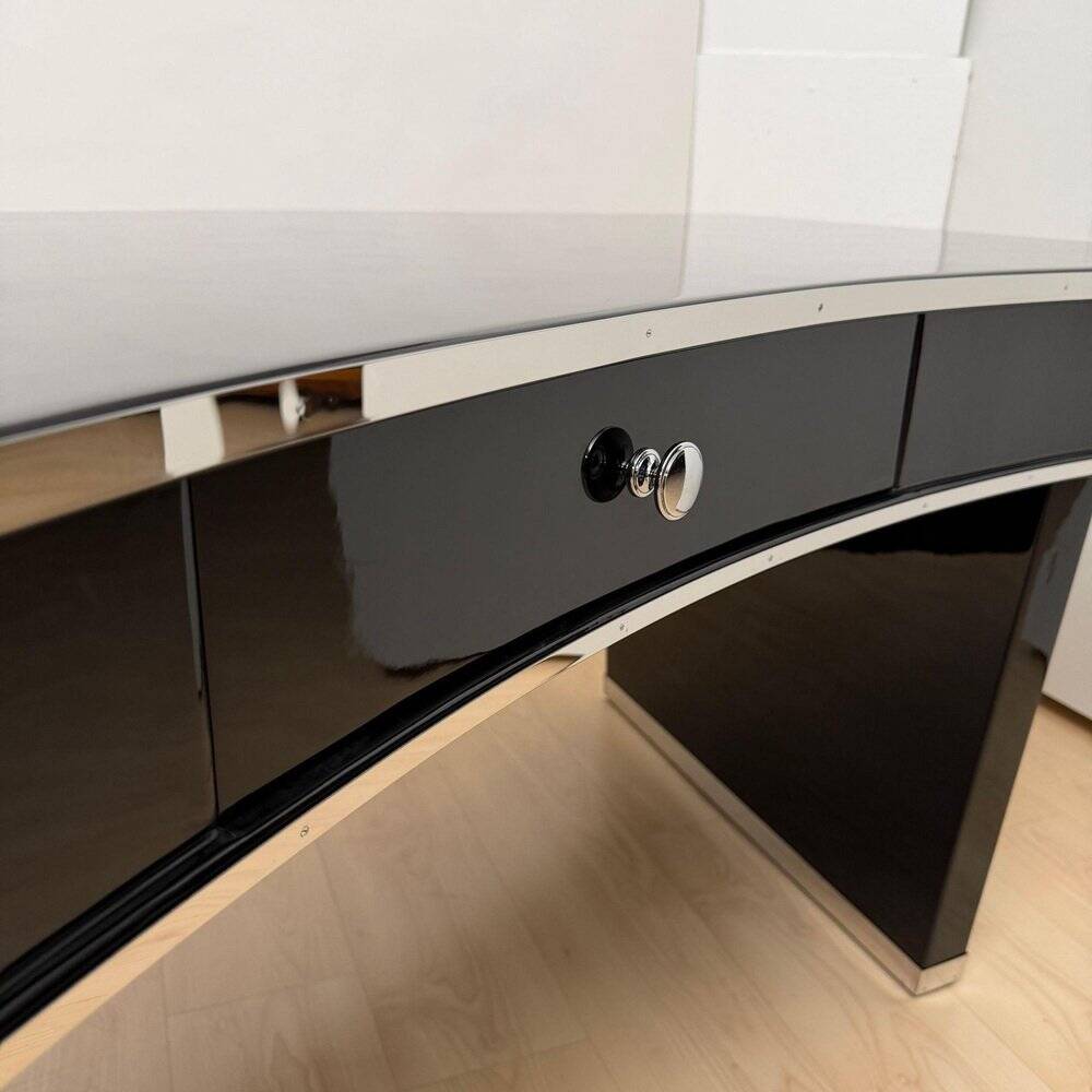 Art Deco desk in black lacquer, walnut & metal, France, 1950