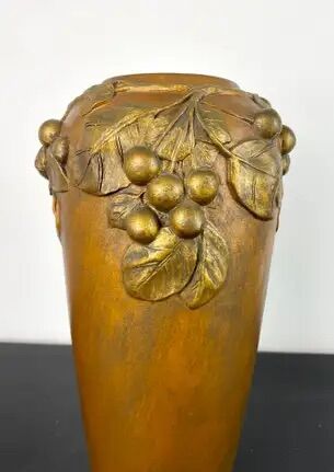 Art Nouveau vase in gilded ceramic and terracotta signed Desrousseaux France