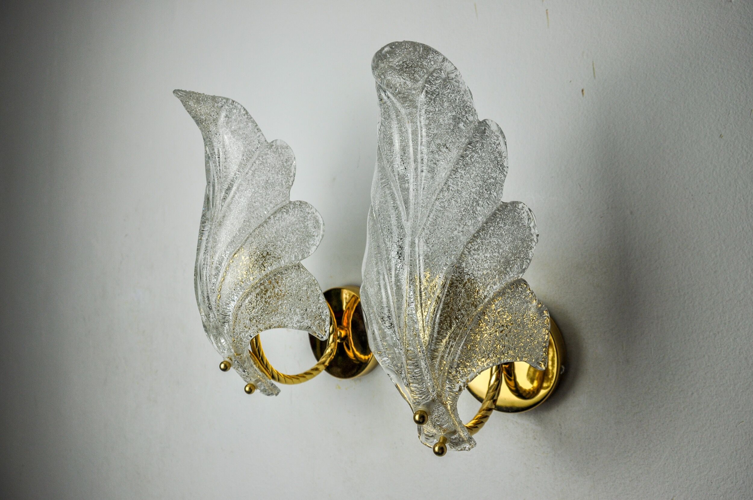 Pair of frosted leaf sconces, murano glass, italy, 1970