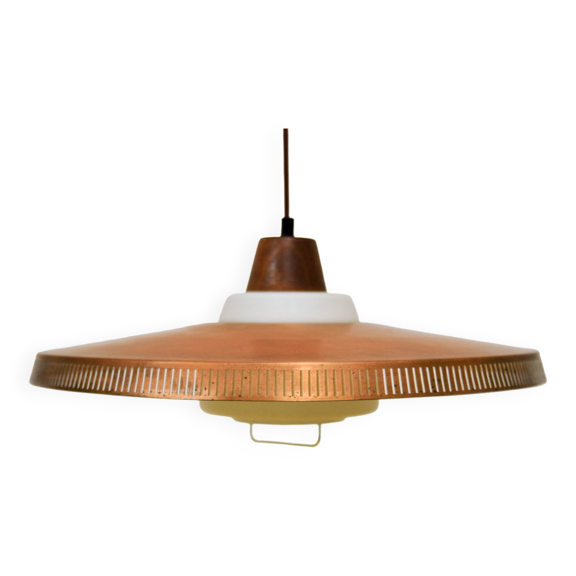 Copper milk glass & teak hanging lamp bent karlby for lyfa