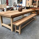 Set table and benches of solid oak farm