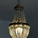 Lustre corbeille ancien en laiton et pampilles – Art déco années 1930