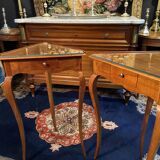 Pair of side tables, corner tables, solid blond walnut, Loui