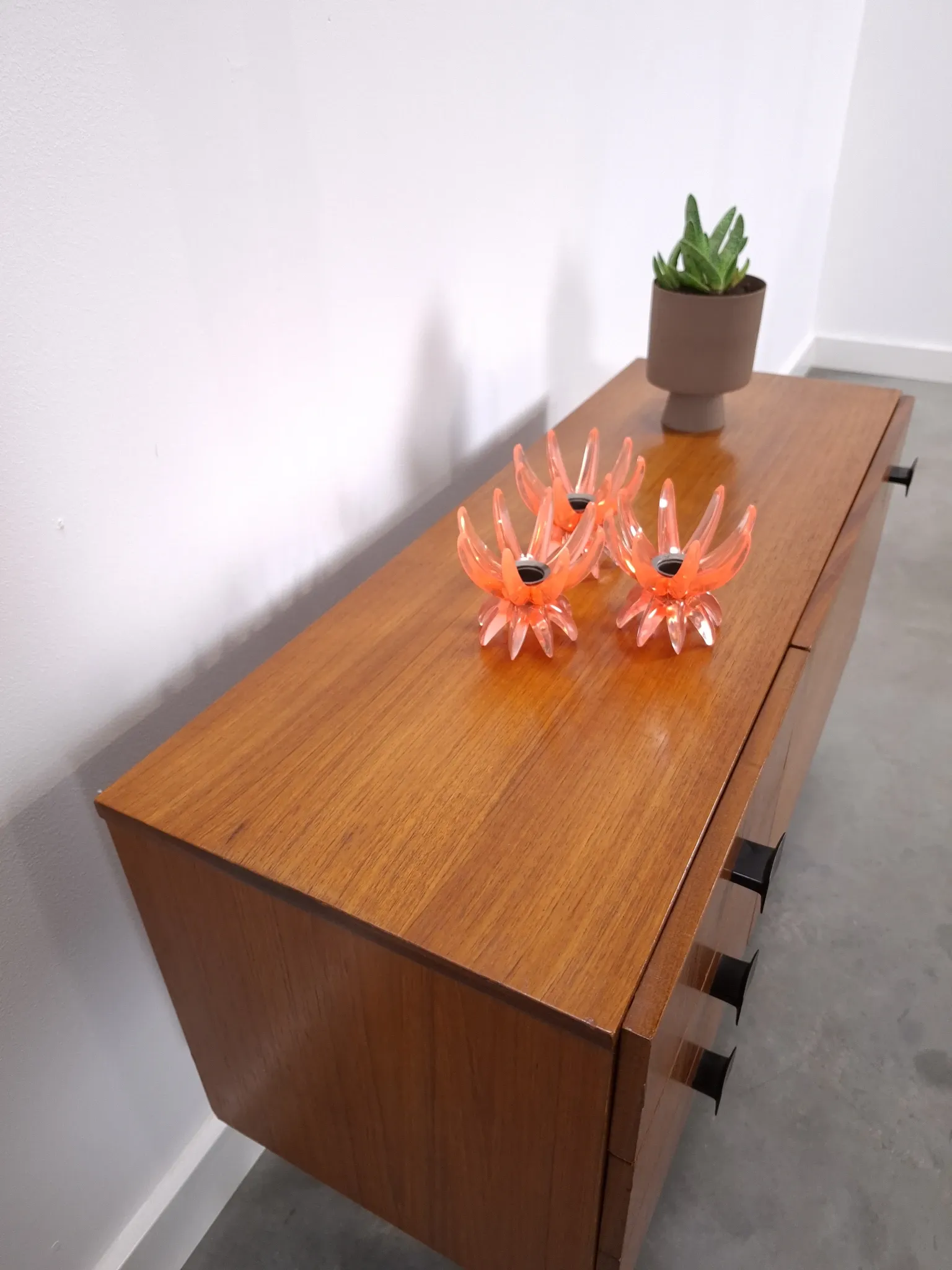 Vintage small teak cabinet with drawers, flap and black handles, hallway cabinet.