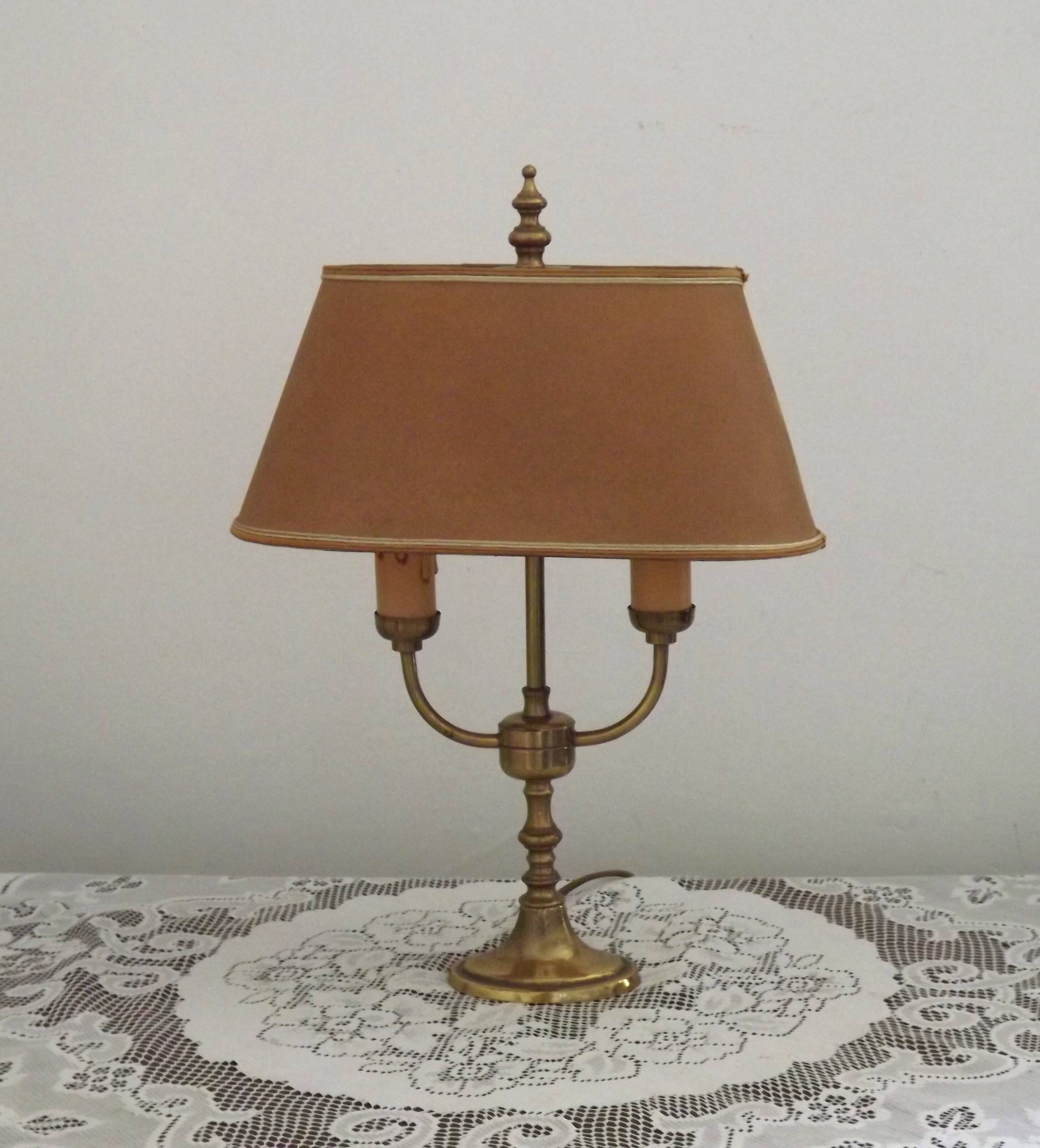 French Mid Century Brass Boulotte 2 Light Table Lamp Brown Shade