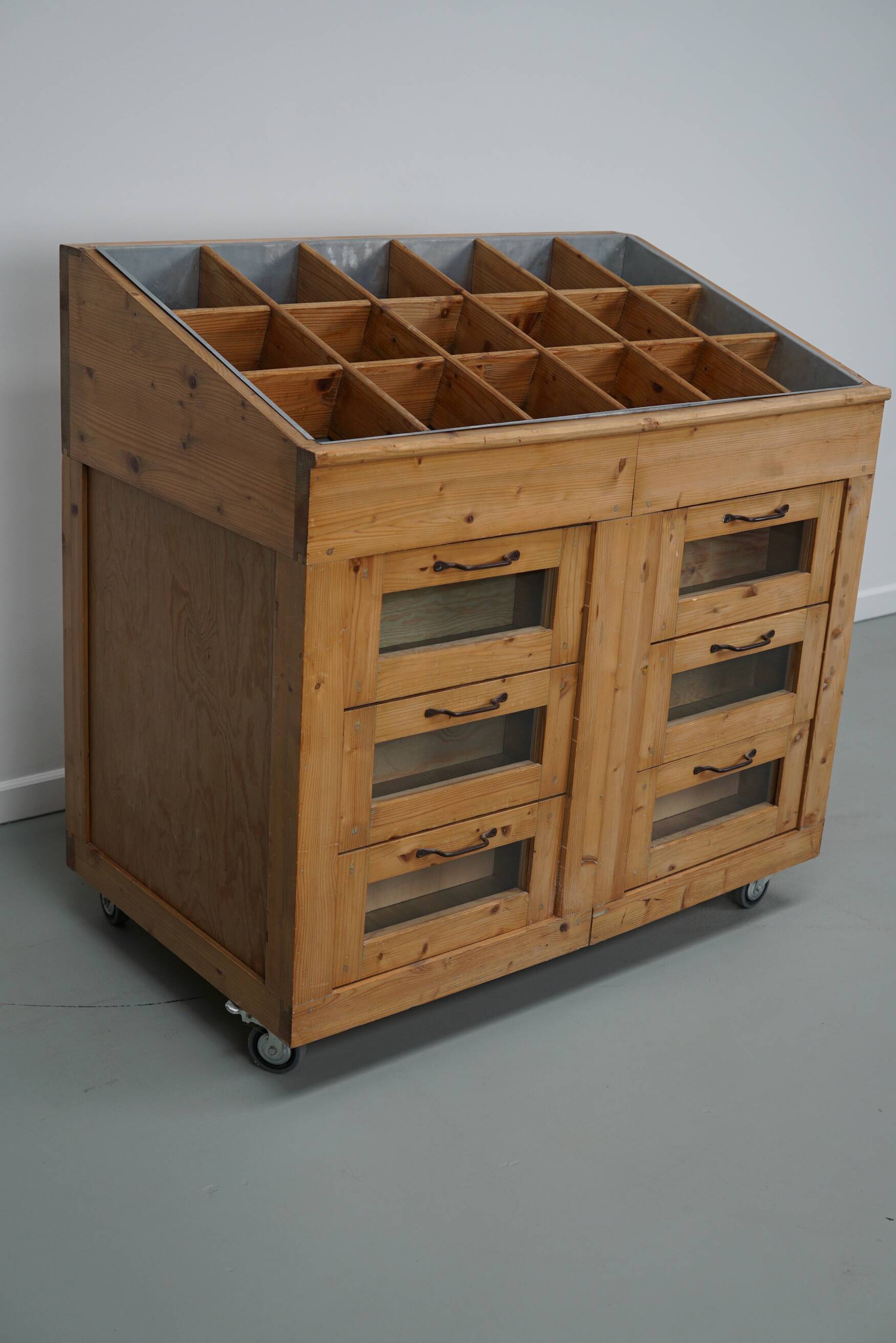 Vintage Dutch Pine Haberdashery Shop Cabinet with Glass Fronts