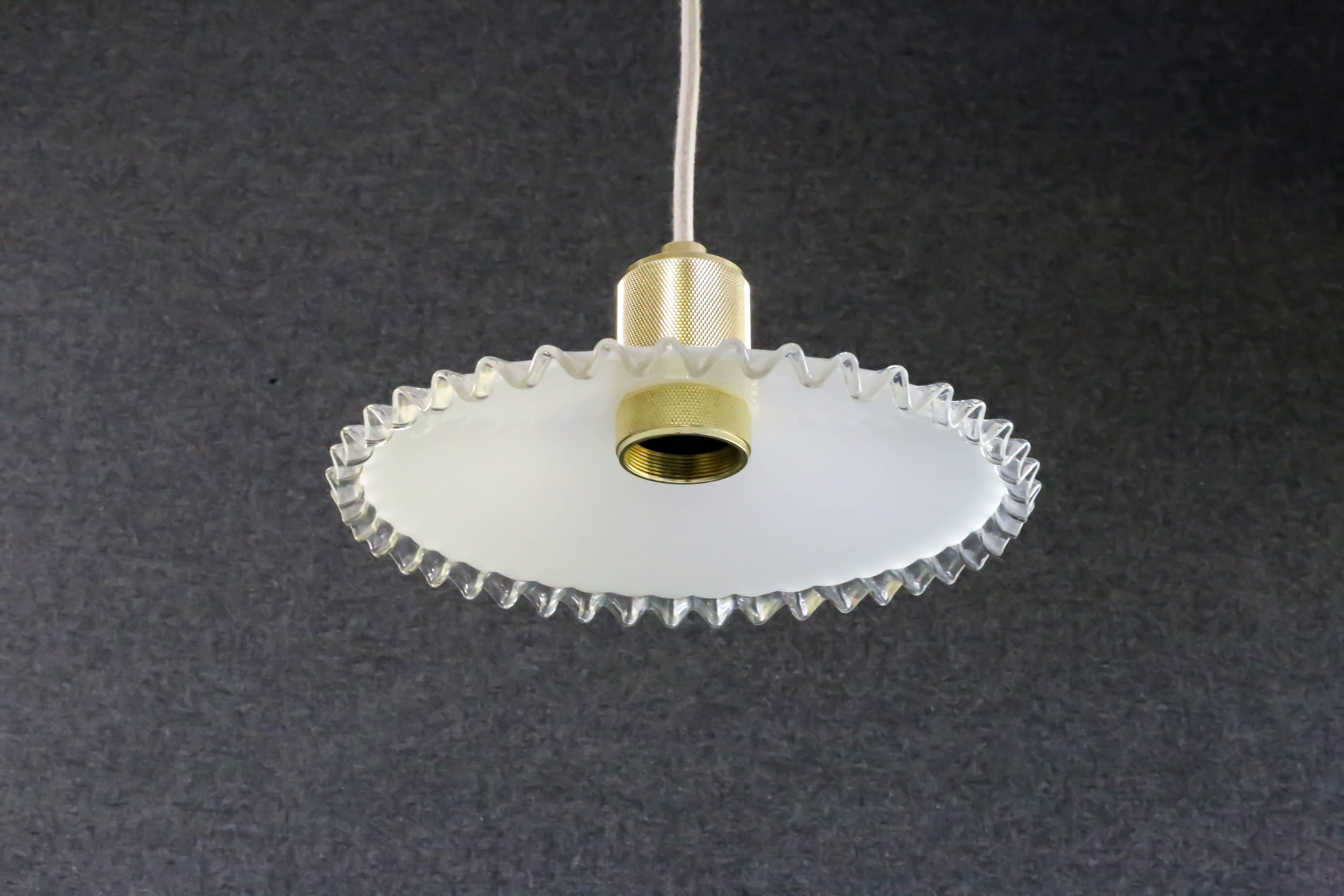 Opaline pendant light in white glass with transparent pleated edges - contemporary metal socket