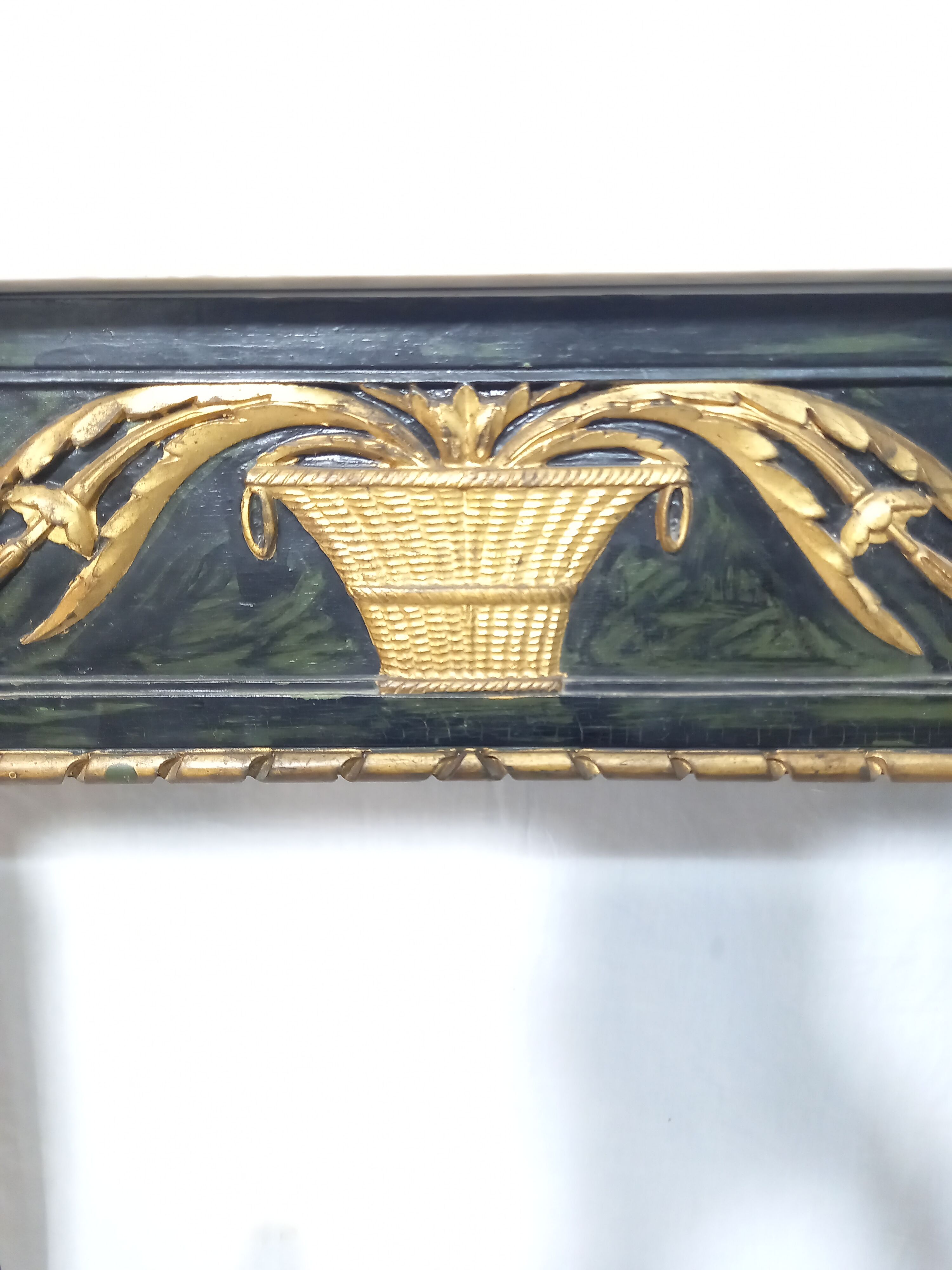 19th century Louis XVI style console table in black and gold with white marble shelf