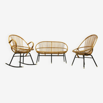Rattan & Metal Lounge set with Sofa, Chair and Rocking Chair from Rohé Noordwolde, 1960s