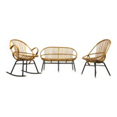 Rattan & Metal Lounge set with Sofa, Chair and Rocking Chair from Rohé Noordwolde, 1960s