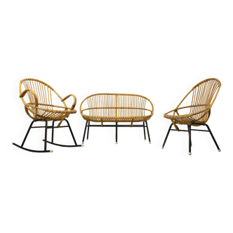 Rattan & Metal Lounge set with Sofa, Chair and Rocking Chair from Rohé Noordwolde, 1960s