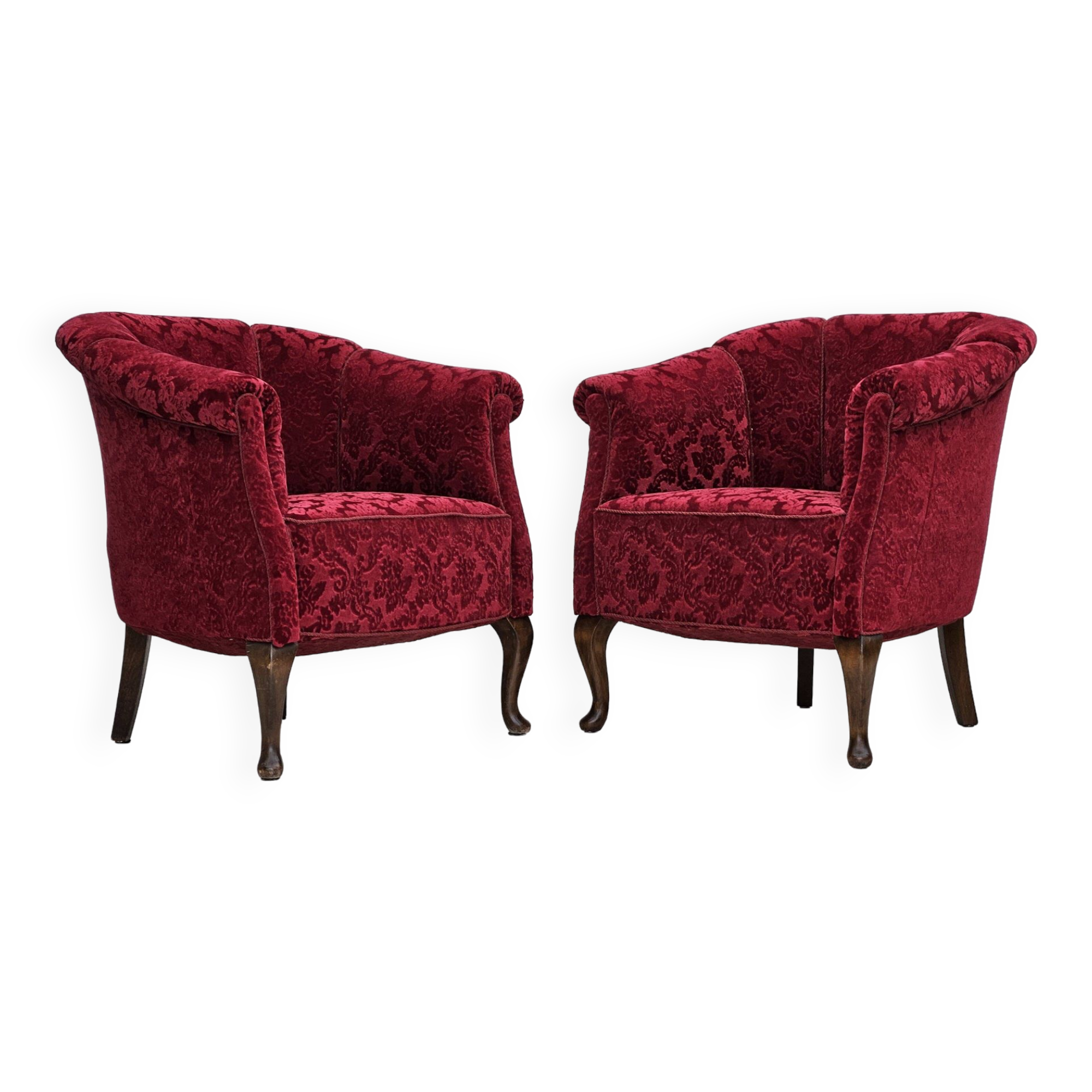 1950s, pair of Danish lounge chairs, red cotton/wool fabric.