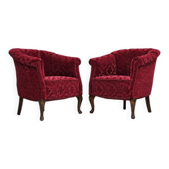 1950s, pair of Danish lounge chairs, red cotton/wool fabric.