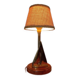 Marine table lamp with wooden base, brass sailboat, jute lampshade