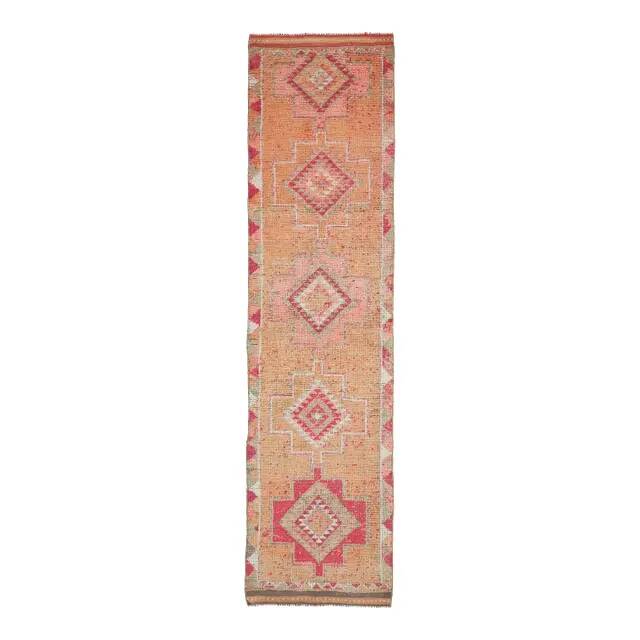 Vintage Turkish Hand-Knotted Wool Cotton Orange Runner Rug 83x355