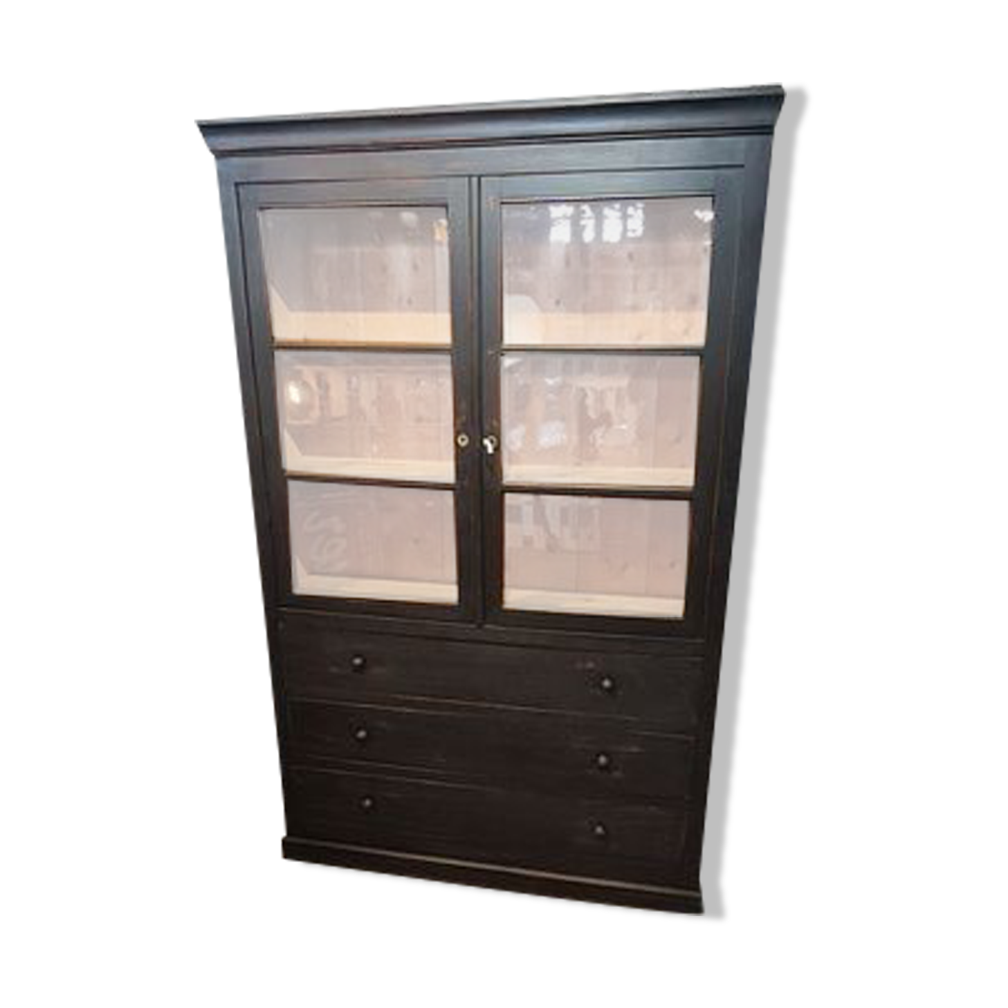 Former industrial library solid wood two glass doors and three drawers furniture trade