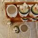 Vintage wooden wall condiment shelf and porcelain pots with geese slip pattern