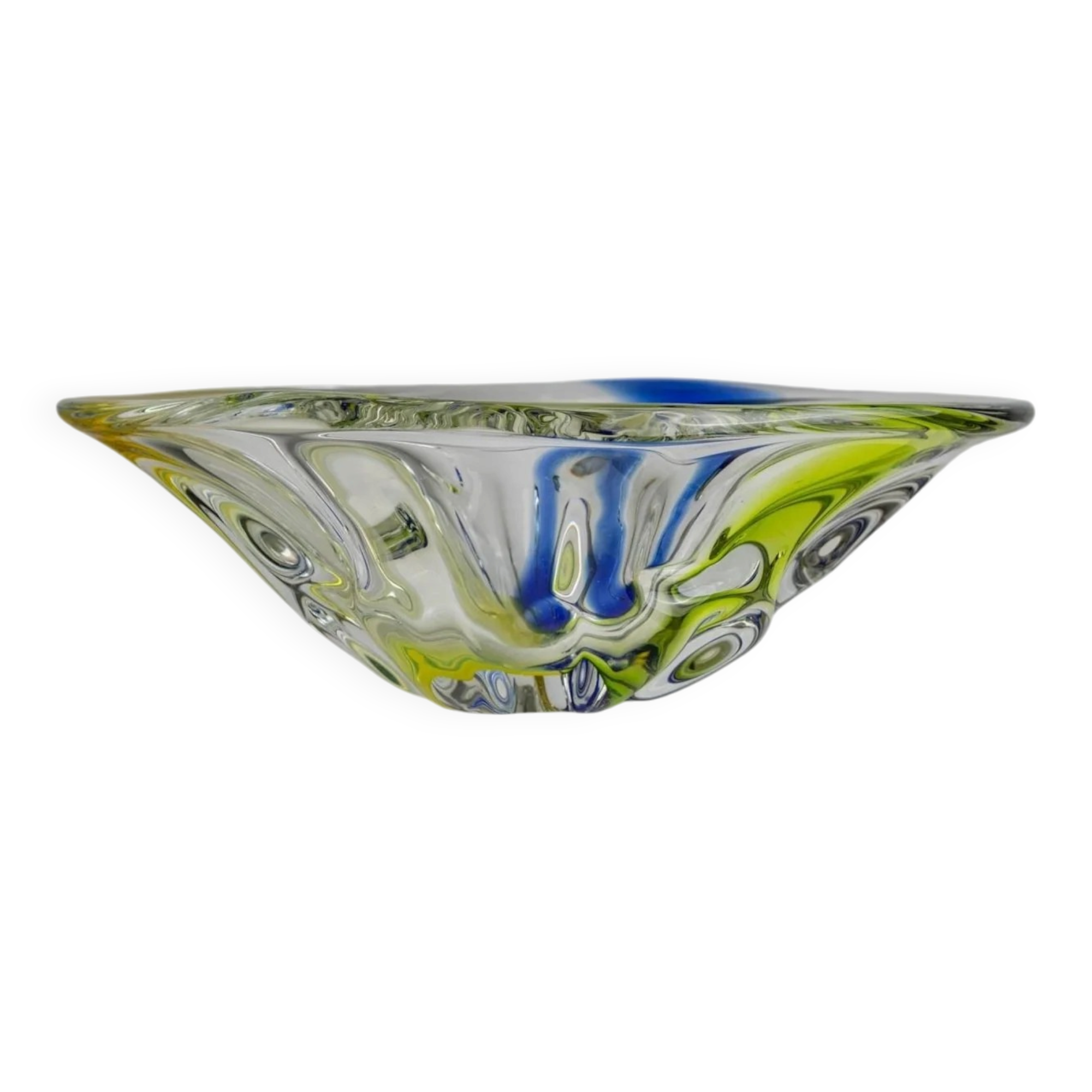 Vintage Murano glass bowl - organic oval shape, transparent glass with blue and yellow - 1970s Italian design - elegant table decoration, gift idea.