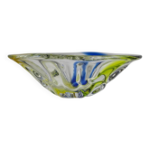 Vintage Murano glass bowl - organic oval shape, transparent glass with blue and yellow - 1970s Italian design - elegant table decoration, gift idea.