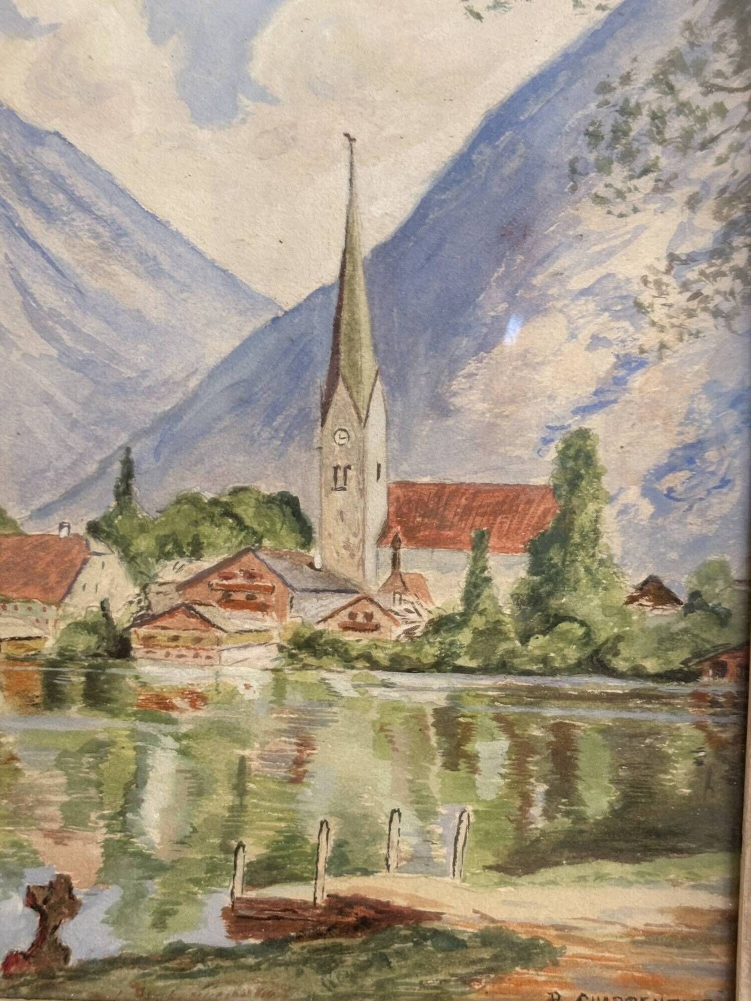 Watercolour Painting of a Village by the Lake Charpentier Mountain