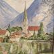 Watercolour Painting of a Village by the Lake Charpentier Mountain
