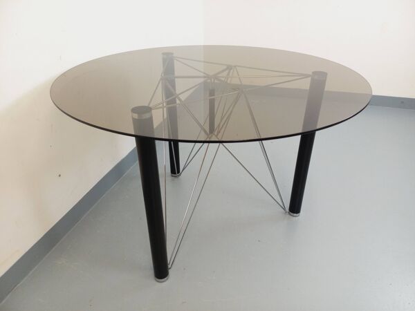Table à manger ronde vintage en verre fumé, métal noir et métal chromé