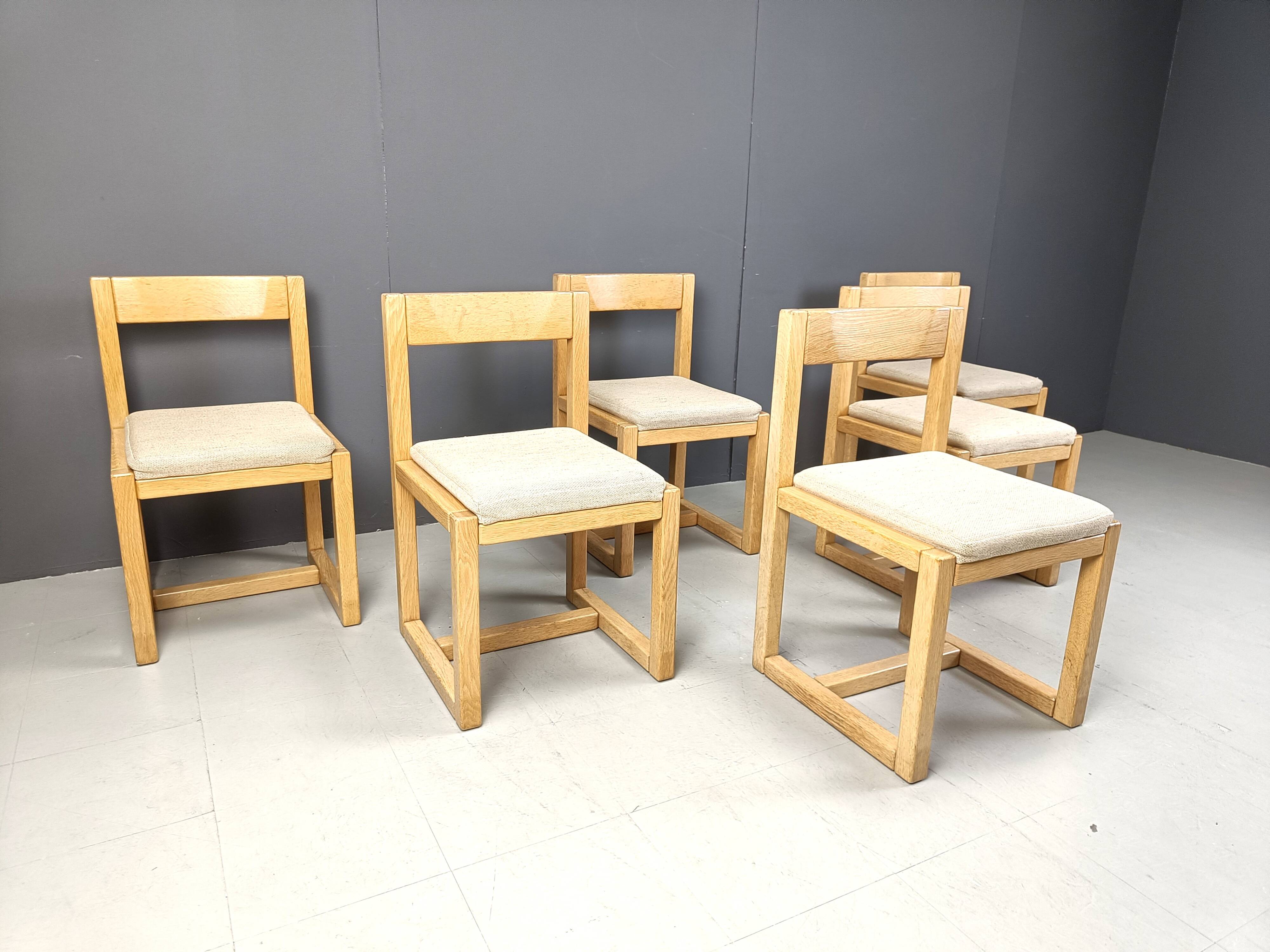 6 Brutalist oak and grey fabric dining chairs, 1970s
