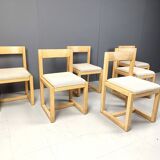 6 Brutalist oak and grey fabric dining chairs, 1970s
