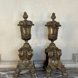 Pair of Louis XIV style andirons in bronze after a design by André-Charles Boulle.