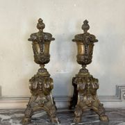 Pair of Louis XIV style andirons in bronze after a design by André-Charles Boulle.