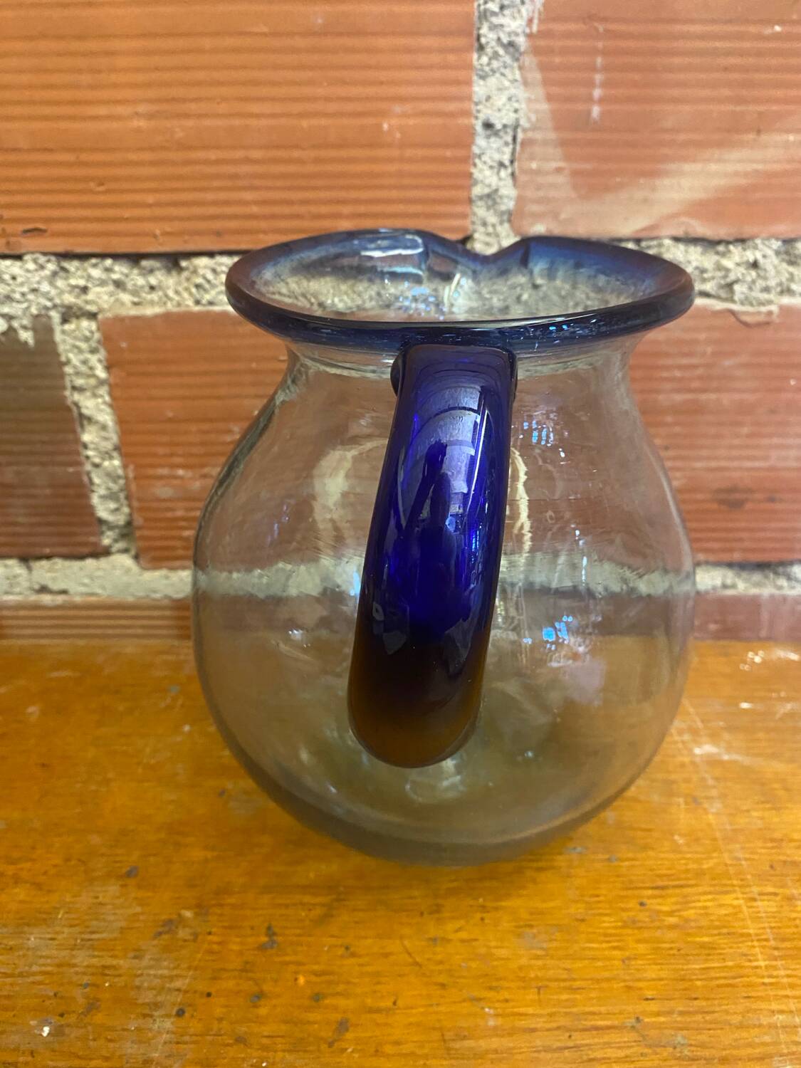 Antique Blown Bubble Glass Pitcher Transparent & Cobalt Blue 2L Vintage