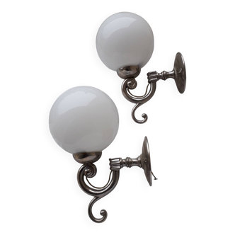 Pair of metal and opaline wall lights