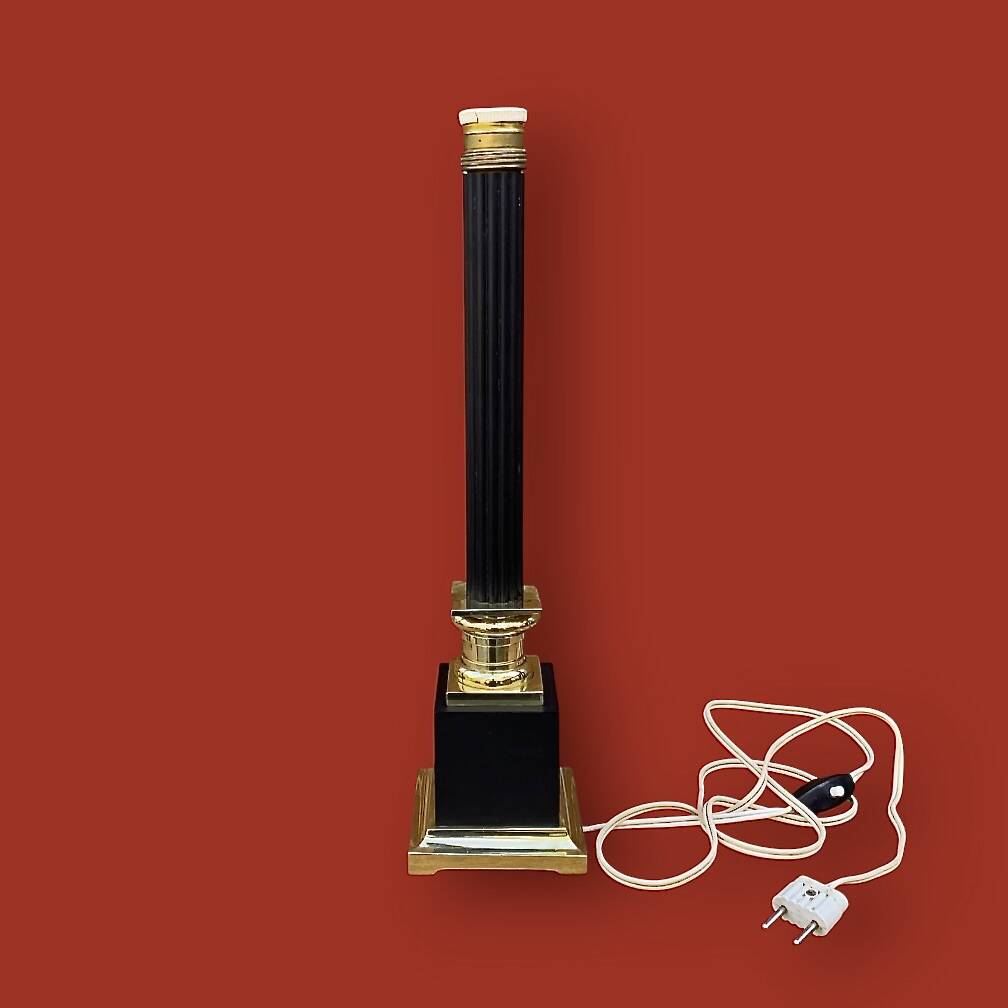 Ancienne lampe colonne néoclassique en laiton doré et noir et papier