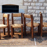 Brutalist chairs in pine and straw, France, 1950s, set of 4