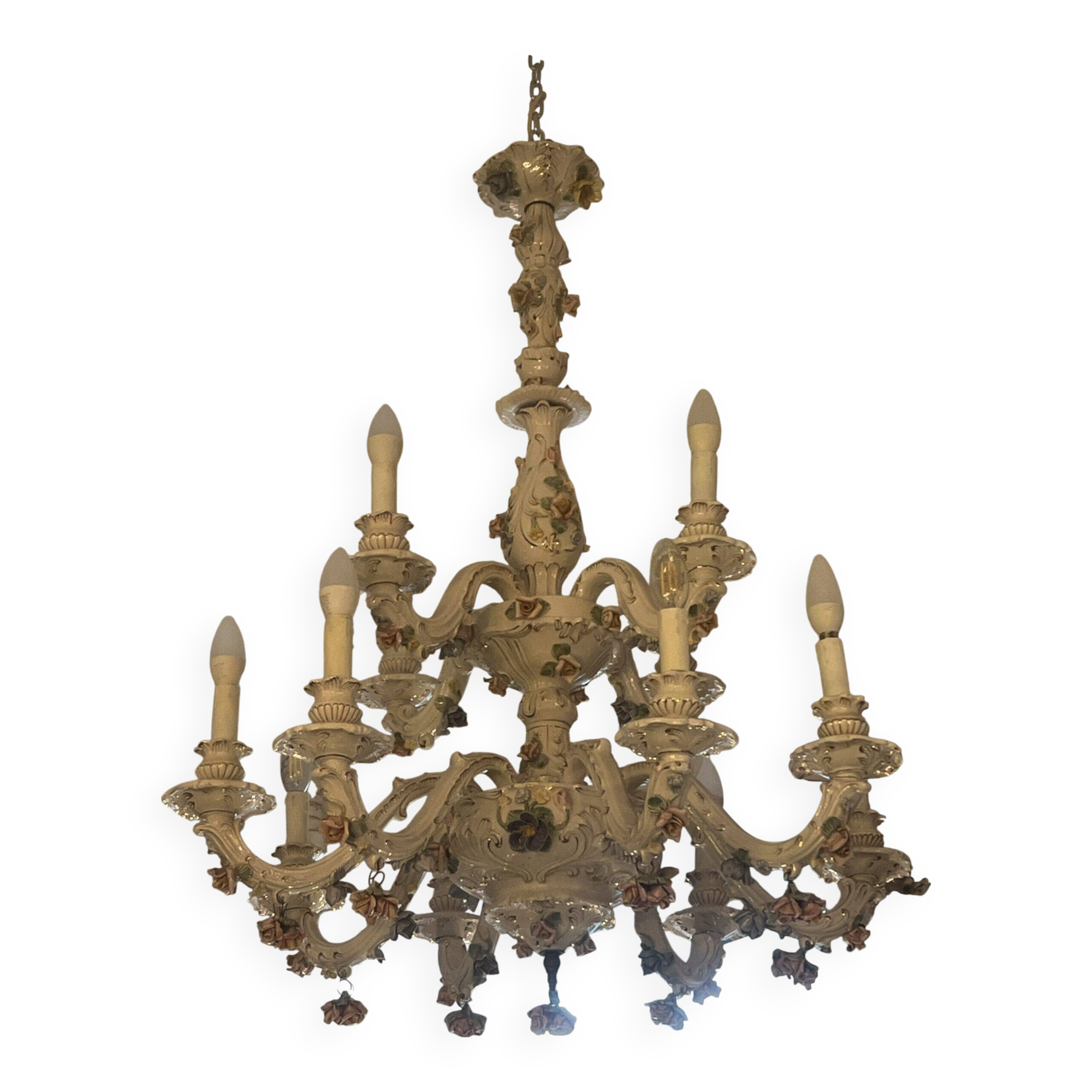 Large 19th century chandelier in Italian Capodimonte porcelain, floral decoration