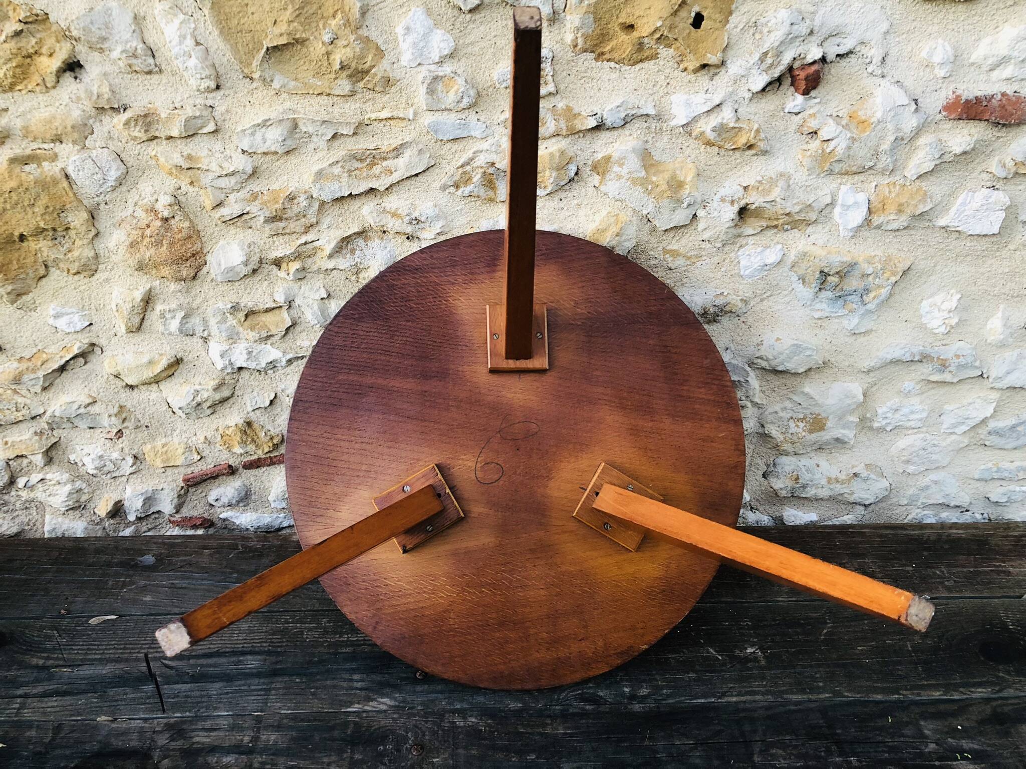 Vintage round coffee table, oak tripod legs circa 60
