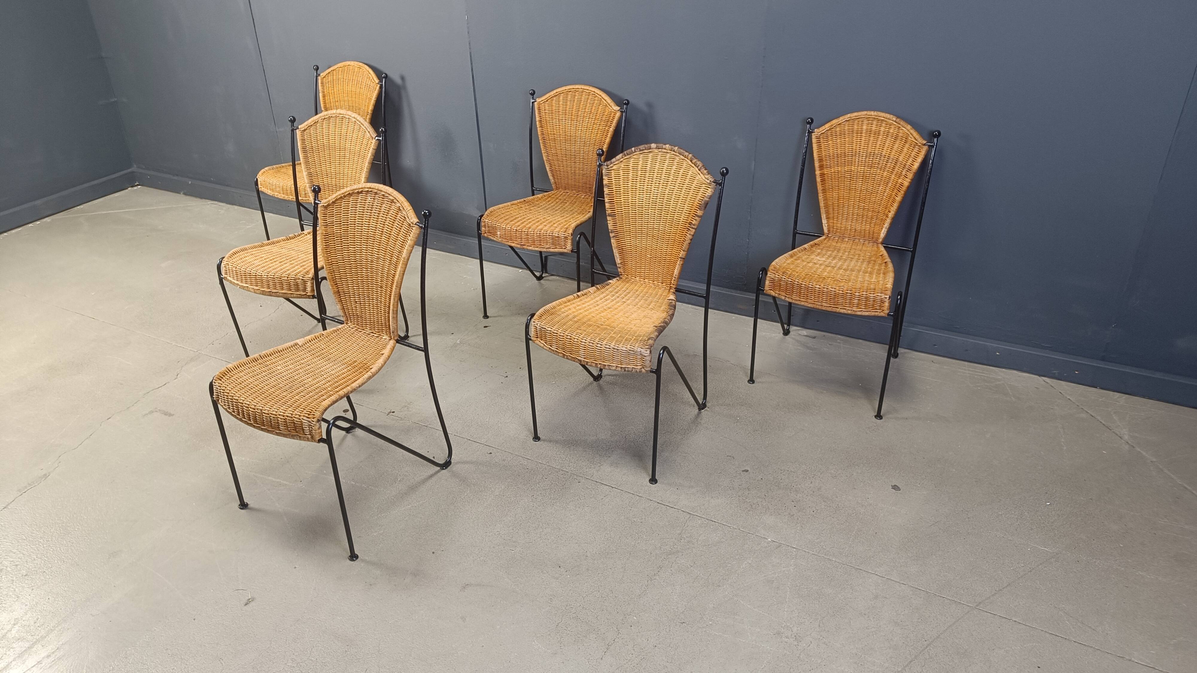 Chaises en osier par Frederick Weinberg, années 1960, lot de 6