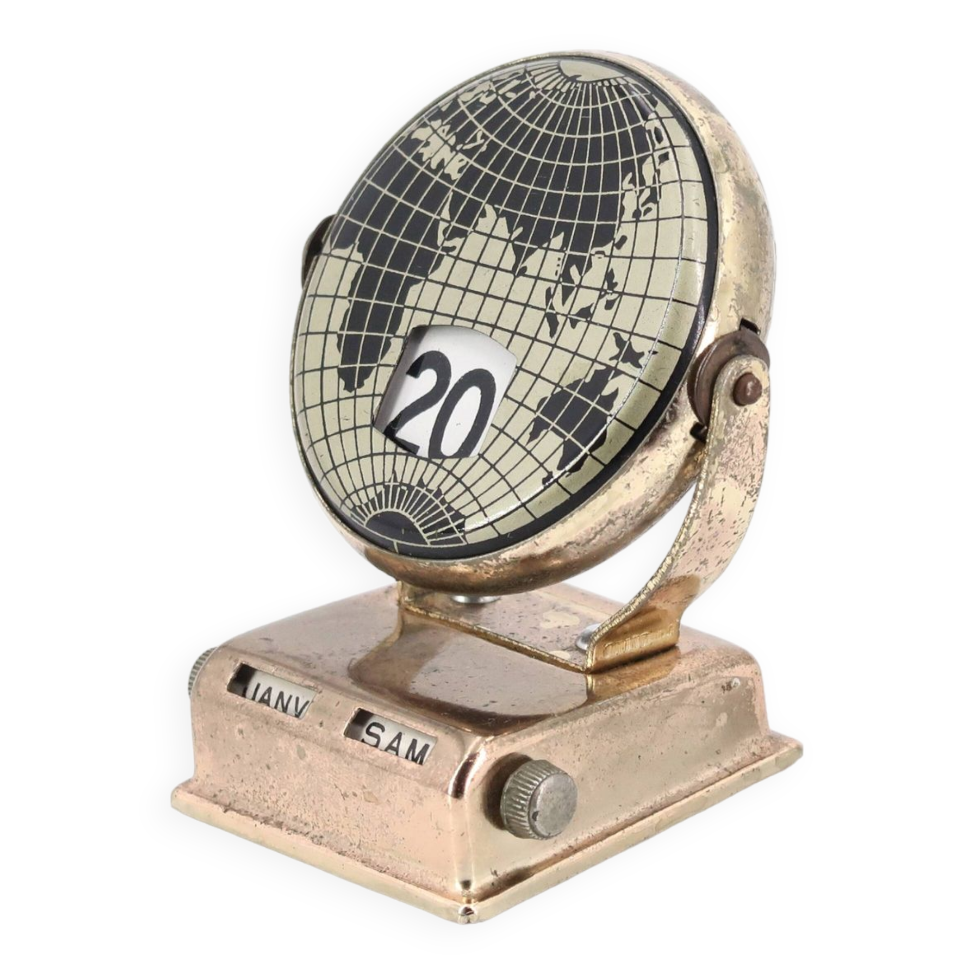 World map perpetual calendar paperweight, 1950s